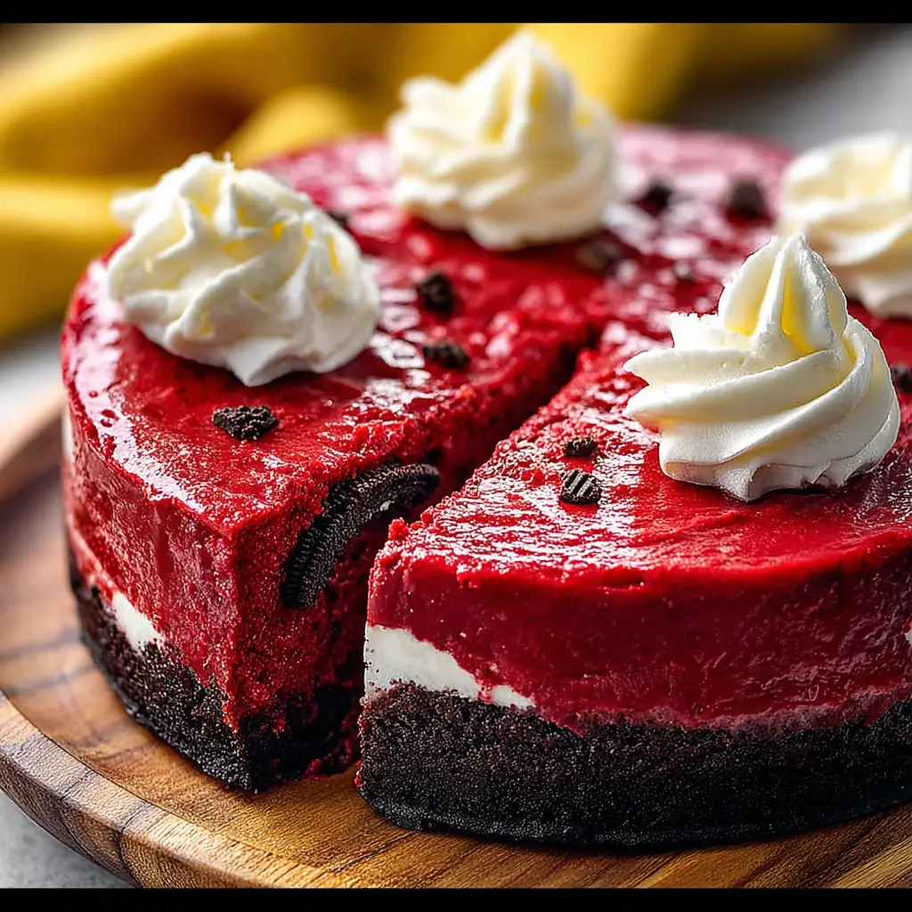 A delicious plate of Red Velvet Oreo Cheesecake