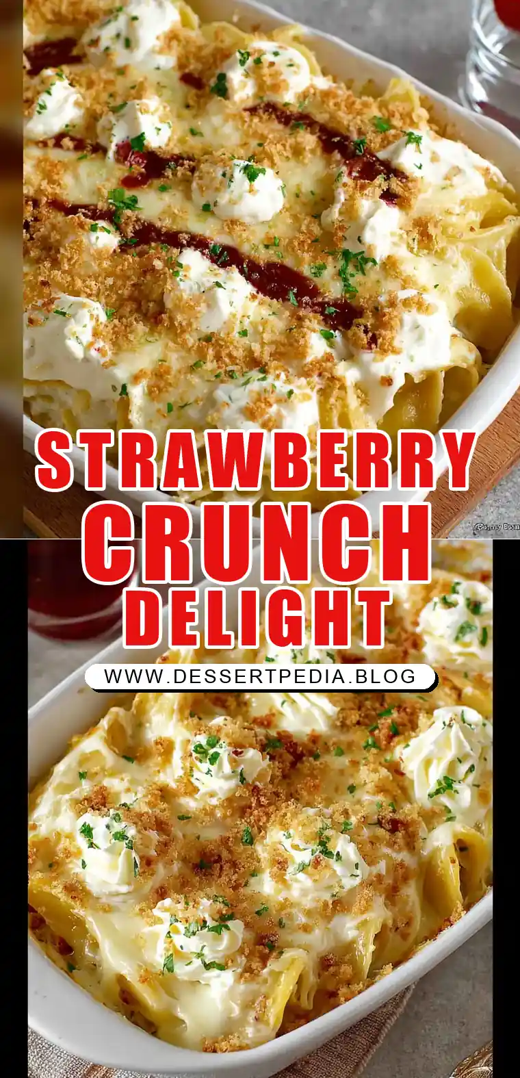 Pinterest pin (Design 1) for Strawberry Crunch Cake Recipe
