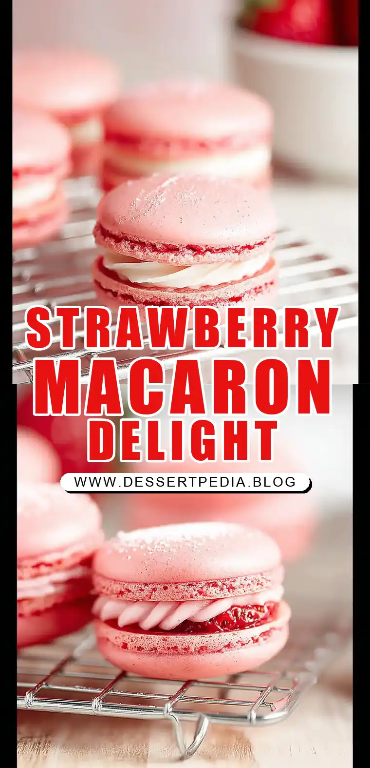 Pinterest pin (Design 1) for Strawberry Macaron Recipe