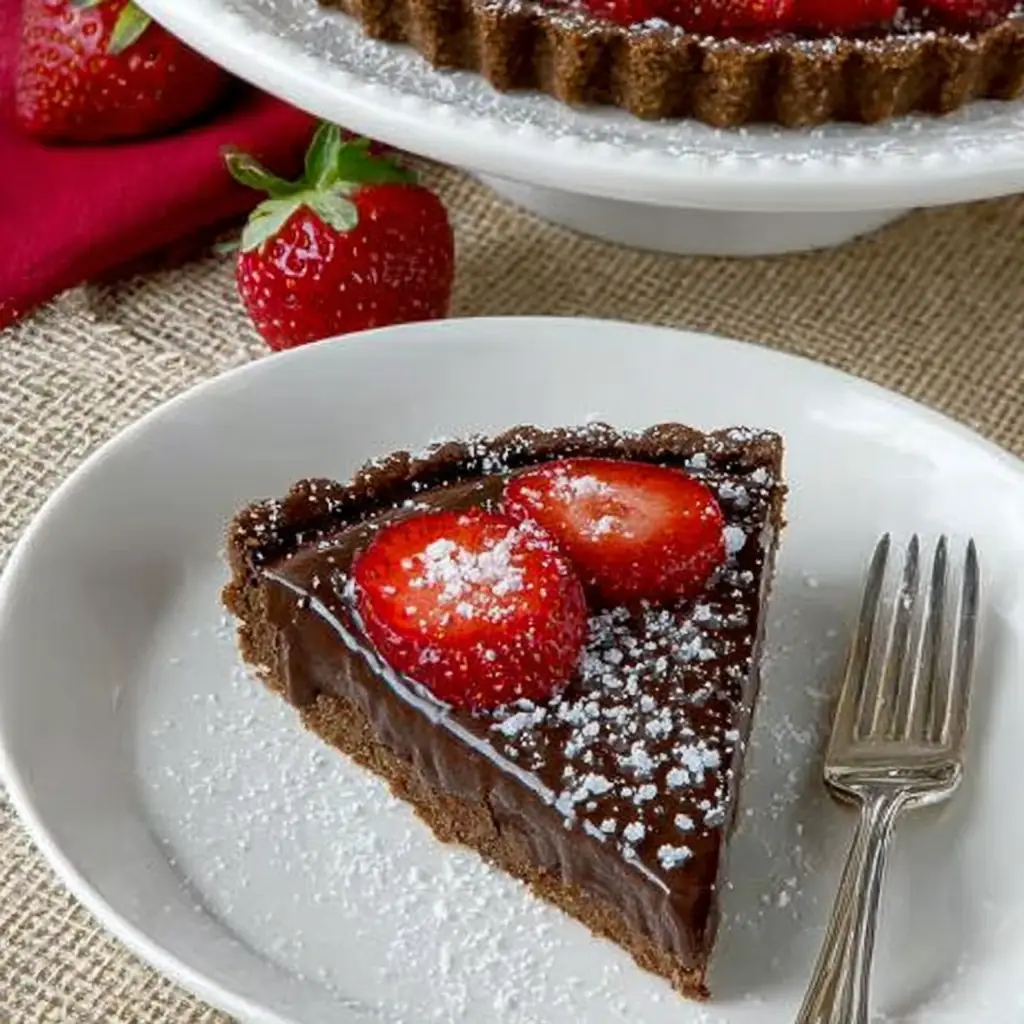 A delicious plate of Salted Chocolate Strawberry Tart