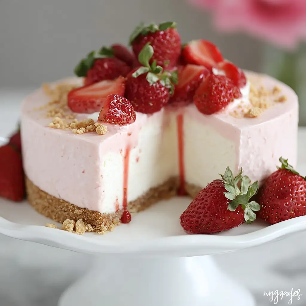 A delicious plate of Strawberry Ice Cream Cheesecake
