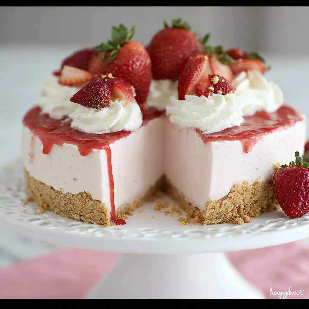 A delicious plate of Strawberry Ice Cream Cheesecake