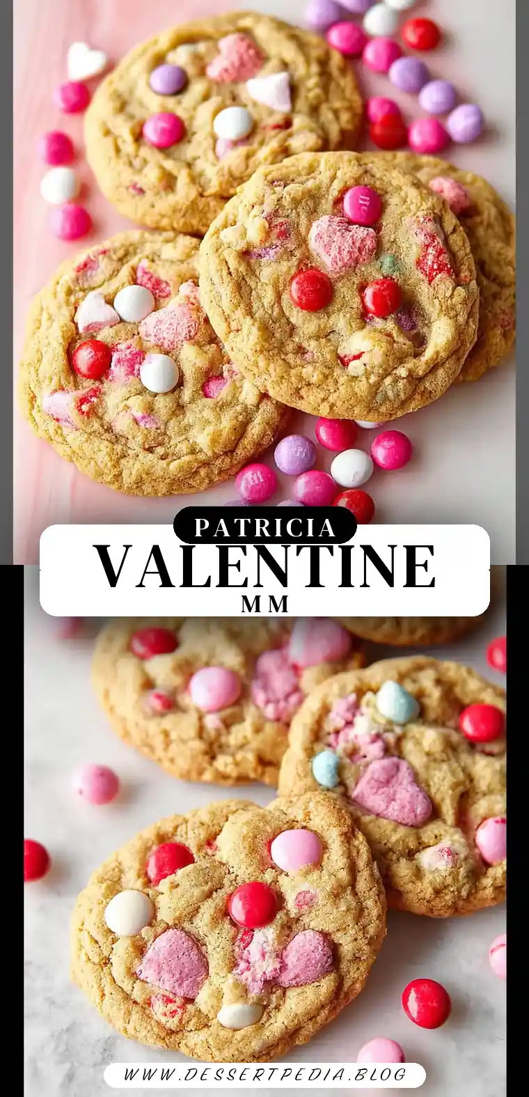 Pinterest pin (Design 3) for Valentine’s Day M&M Cookies