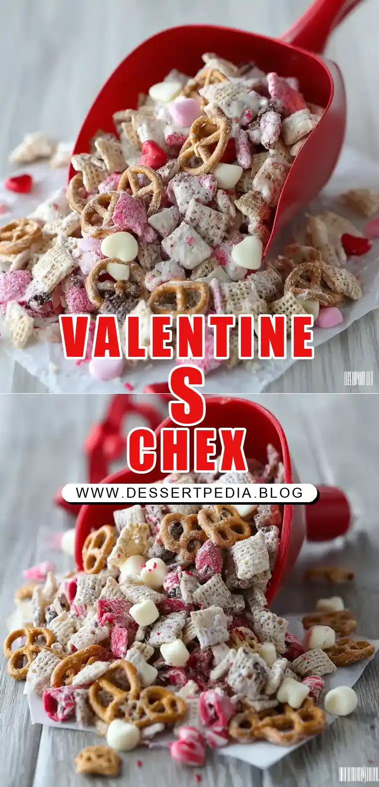 Pinterest pin (Design 1) for White Chocolate Chex Mix for Valentine’s Day