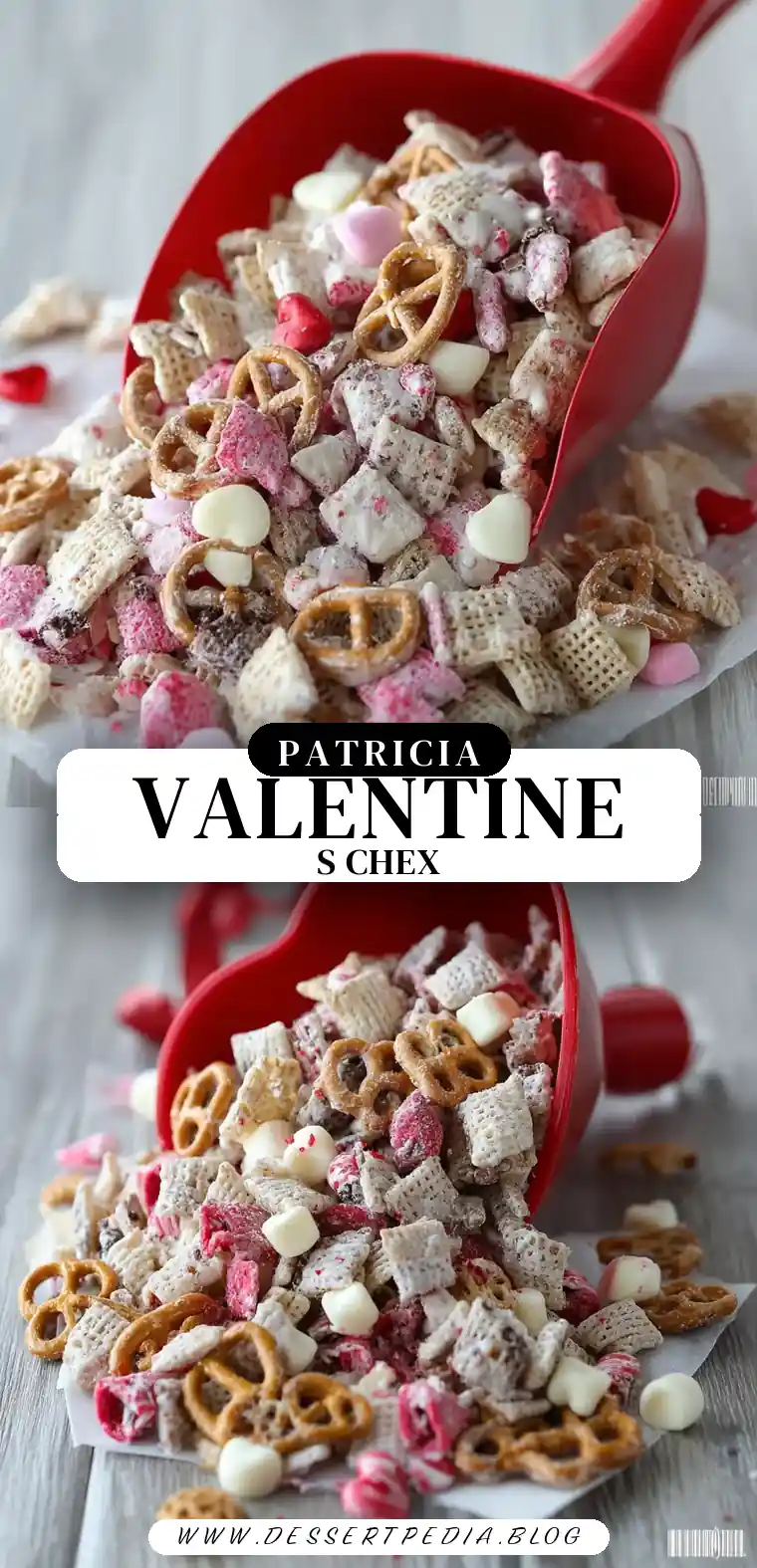 Pinterest pin (Design 3) for White Chocolate Chex Mix for Valentine’s Day
