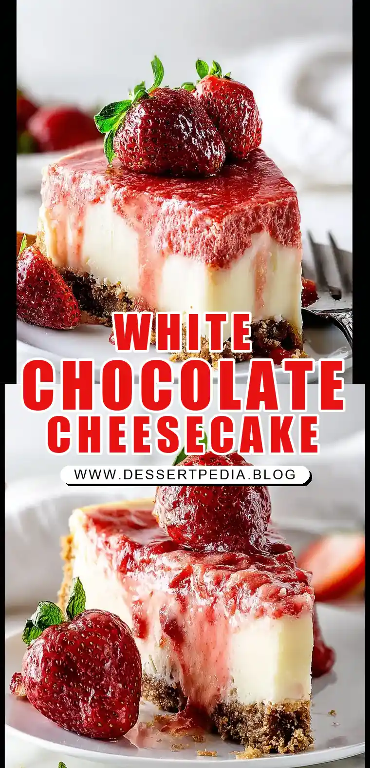 Pinterest pin (Design 1) for White Chocolate Strawberry Cheesecake