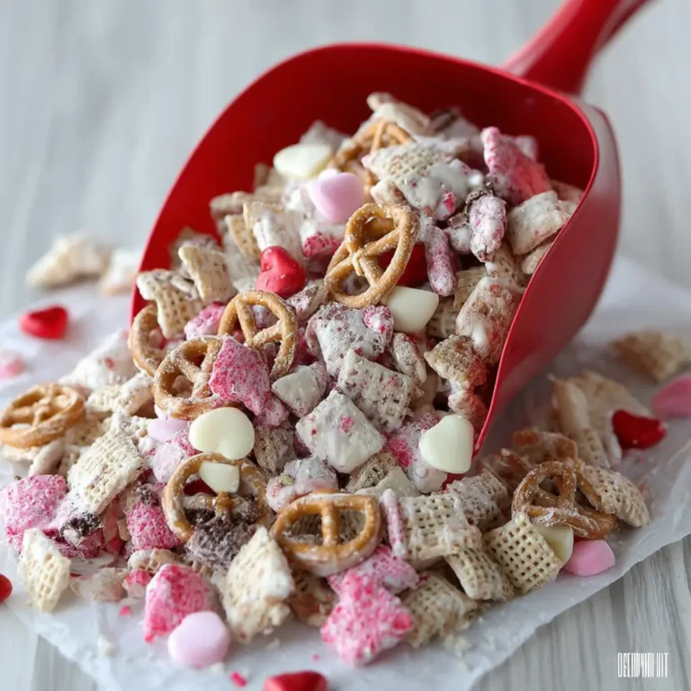 A delicious plate of White Chocolate Chex Mix for Valentine’s Day