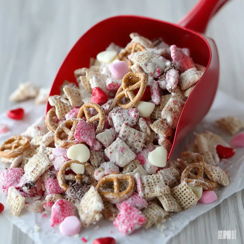A delicious plate of White Chocolate Chex Mix for Valentine’s Day