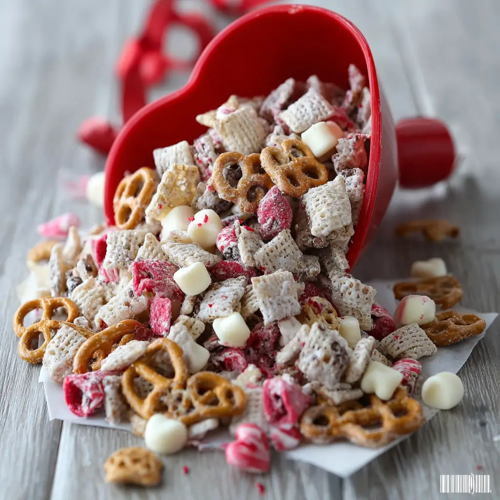 A delicious plate of White Chocolate Chex Mix for Valentine’s Day