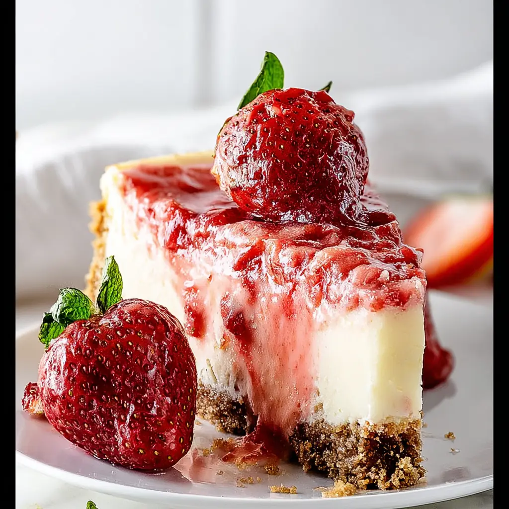 A delicious plate of White Chocolate Strawberry Cheesecake