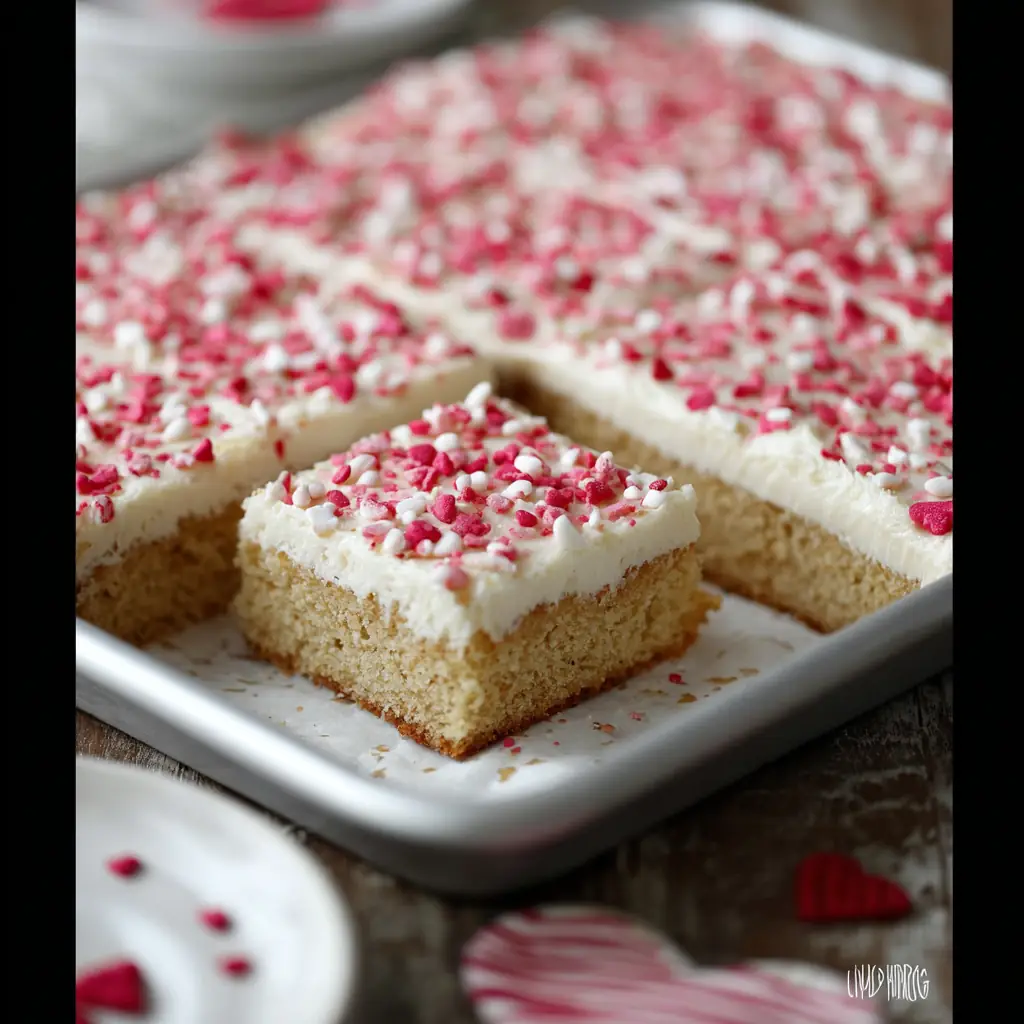 A delicious plate of White Texas Sheet Cake for Valentine’s Day