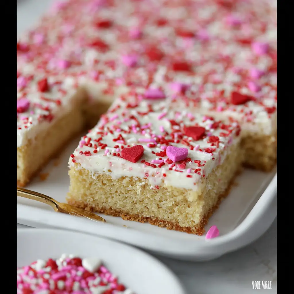 A delicious plate of White Texas Sheet Cake for Valentine’s Day